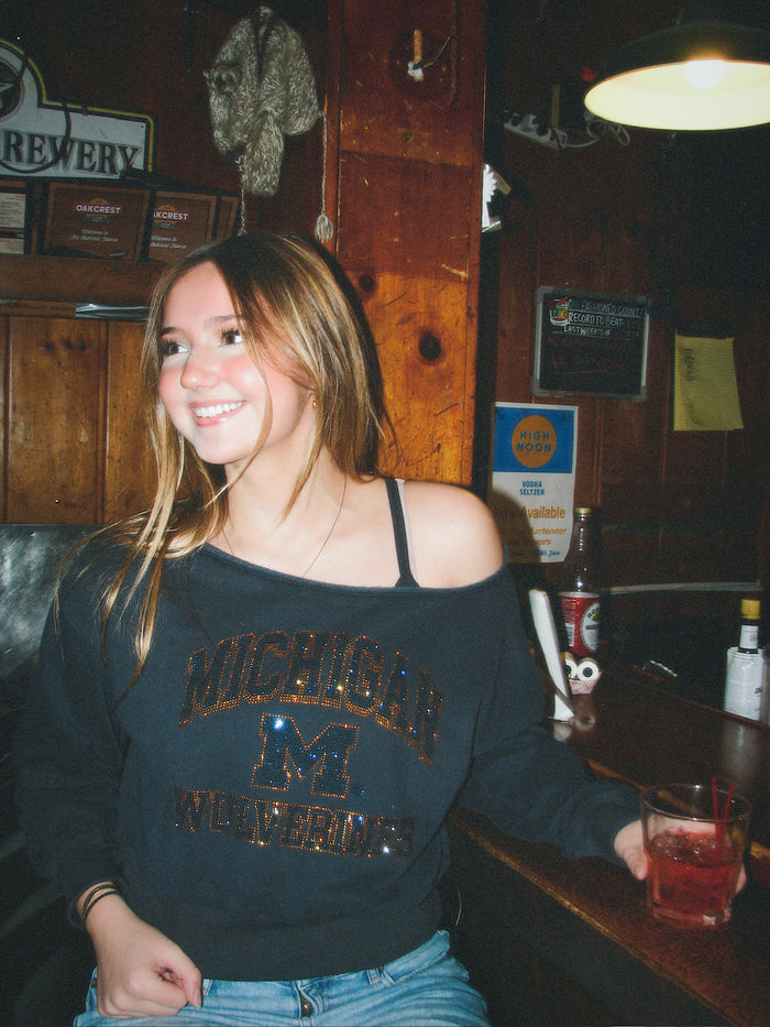 Michigan Rhinestones Crop Off Shoulder Crew