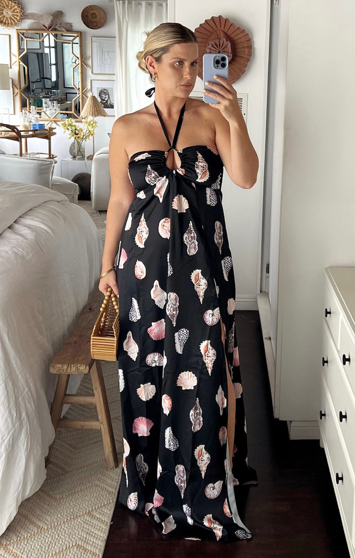 Milos Maxi Dress ~ Black Shell Luxe Satin