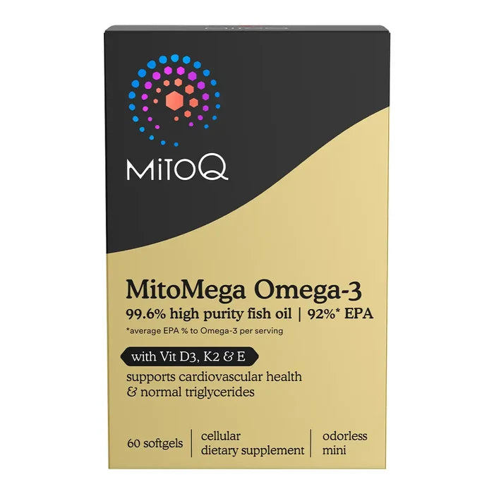 A rectangular supplement box for MitoQ MitoMega Omega-3, featuring a black top half with a multicolored circular logo and a beige lower half with product text.