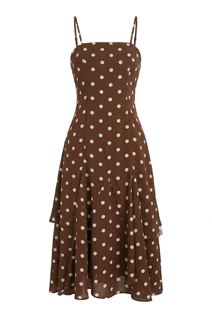 Mocha Polka Dot Flowy Midi Dress