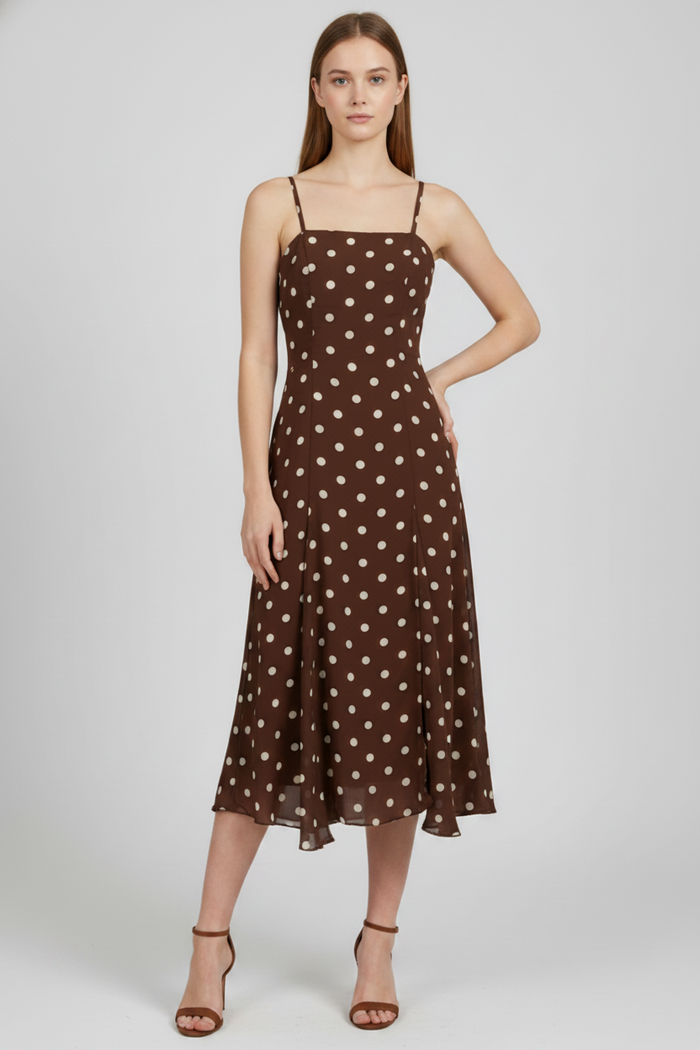 Mocha Polka Dot Flowy Midi Dress