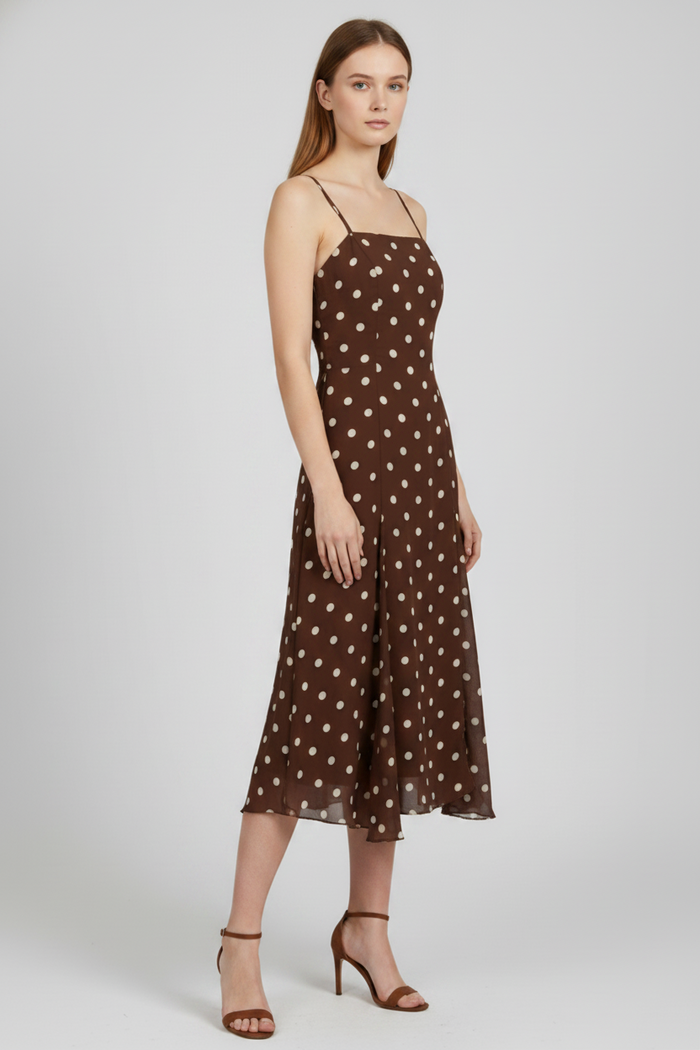 Mocha Polka Dot Flowy Midi Dress