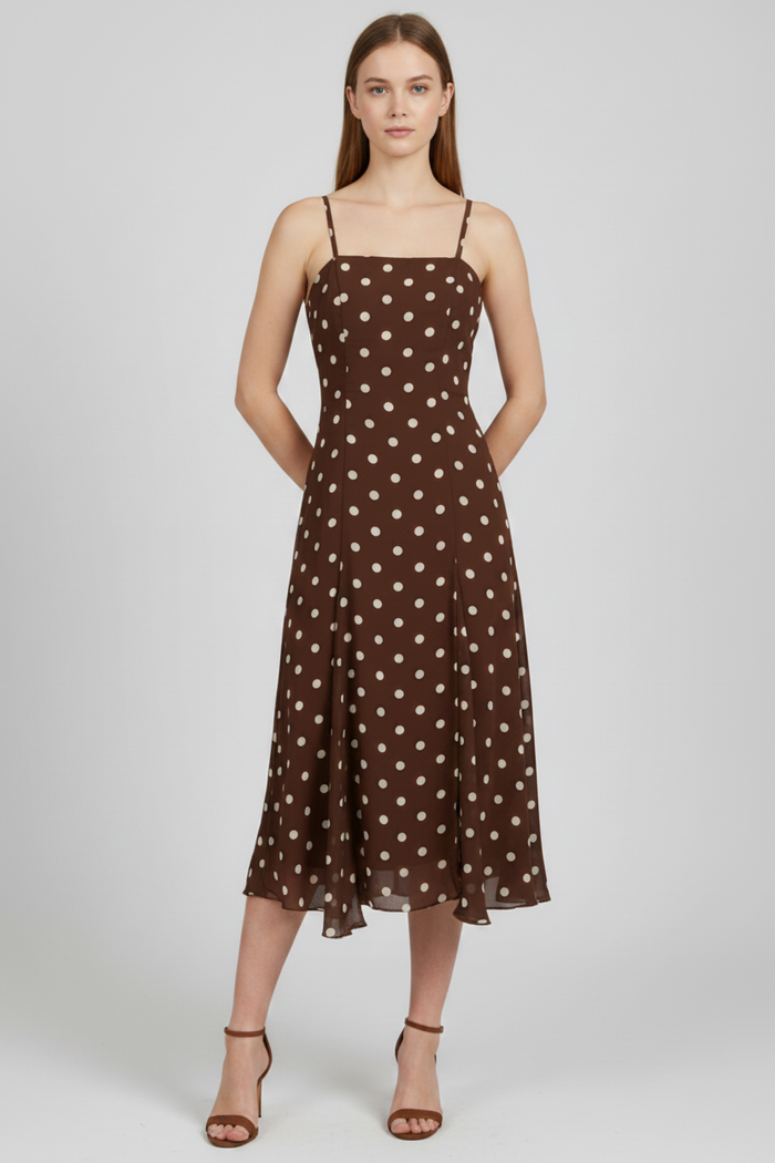Mocha Polka Dot Flowy Midi Dress