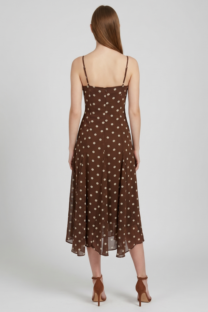 Mocha Polka Dot Flowy Midi Dress