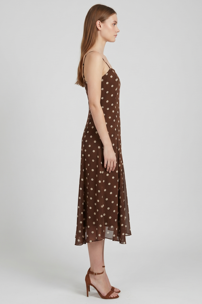 Mocha Polka Dot Flowy Midi Dress