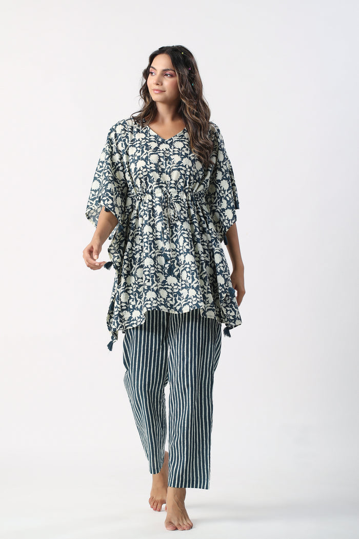 Monochrome blue Jaal with Stripes Cotton Kaftan Pajama set