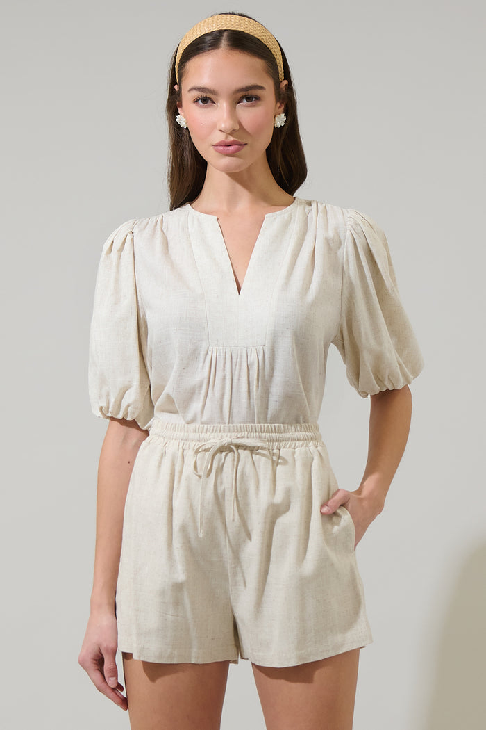 Mora Linen Cerry Pleated Top