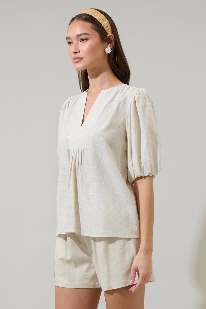 Mora Linen Cerry Pleated Top