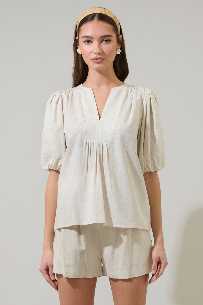 Mora Linen Cerry Pleated Top