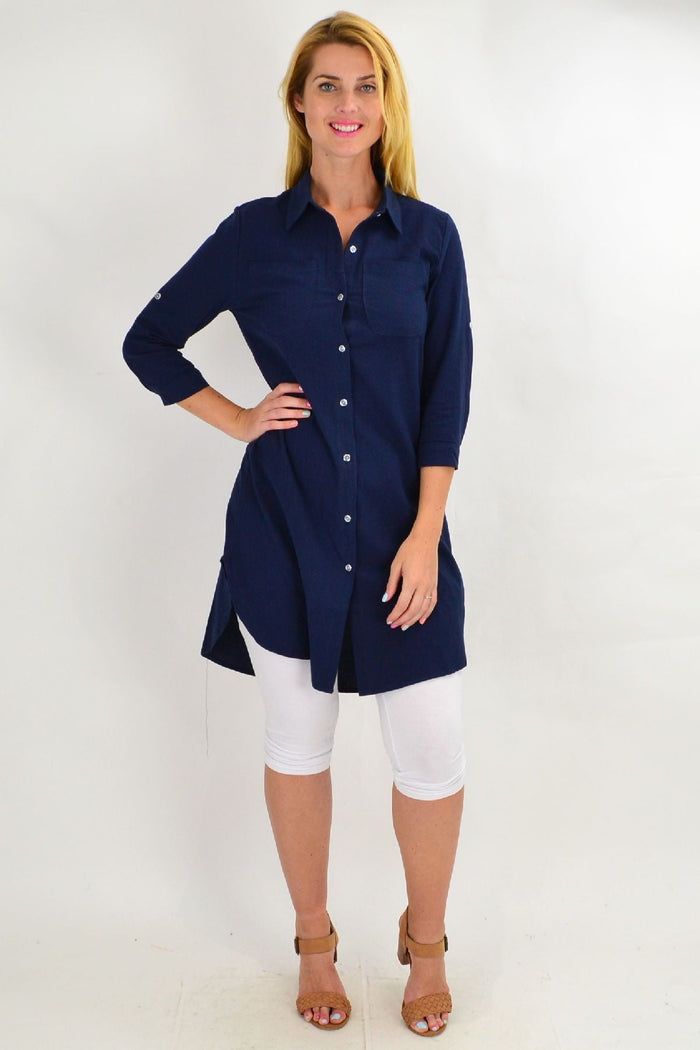 Navy blue summer tunic shirt for women by Ruby Rain, featuring a relaxed fit and casual style, perfect for warm weather.