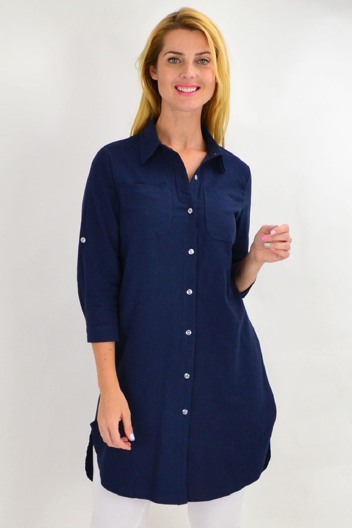 Navy blue summer tunic shirt for ladies by Ruby Rain, featuring a relaxed fit and casual style, perfect for warm weather wear.