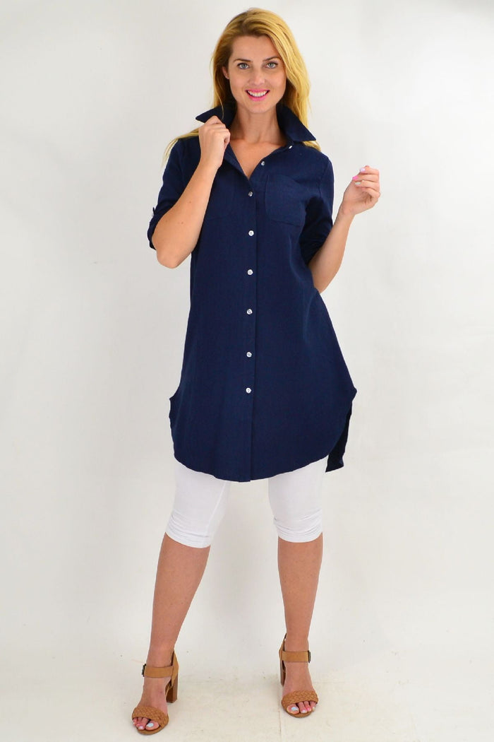 Navy blue summer tunic shirt for women by Ruby Rain, featuring a comfortable, stylish design suitable for warm weather.