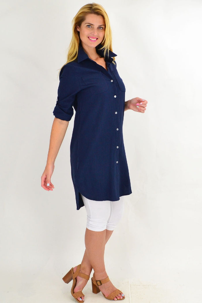 Navy blue summer tunic shirt by Ruby Rain, featuring a lightweight, flowy design with short sleeves and a relaxed fit.