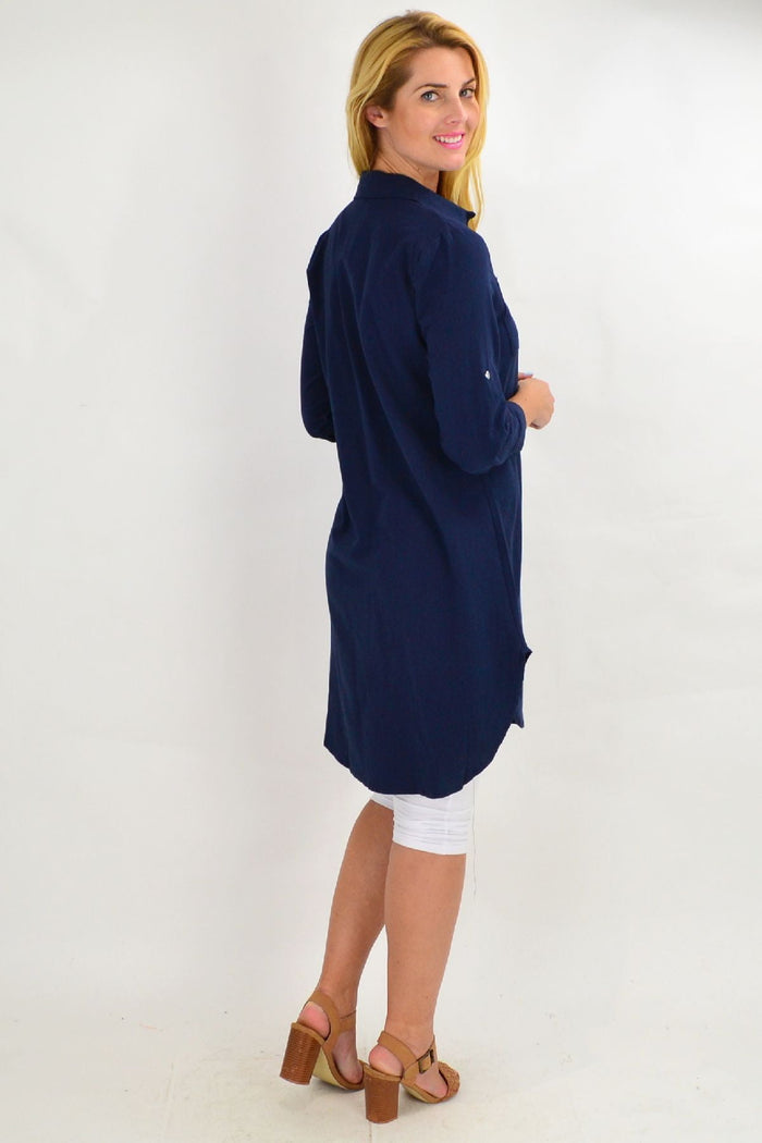 Navy blue summer tunic shirt for ladies by Ruby Rain, casual and comfortable with a relaxed fit and stylish design.
