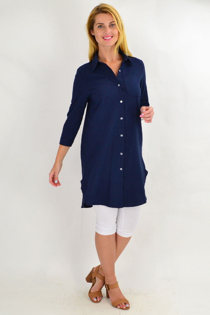 Navy blue summer tunic shirt for ladies by Ruby Rain, featuring a relaxed fit and casual style, perfect for warm-weather wear.