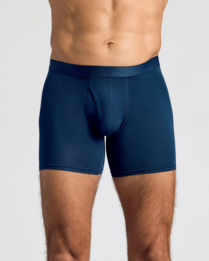 Navy Boxer Briefs W/ Fly 12-Pack on model's lower torso.