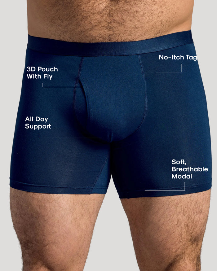 Navy Boxer Briefs W/ Fly 12-Pack 2025 modeled, highlighting 3D pouch.