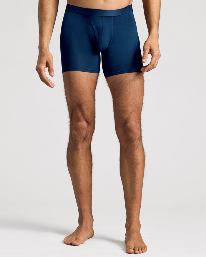 Navy Boxer Briefs W/ Fly worn by model, showcasing fit and fabric.