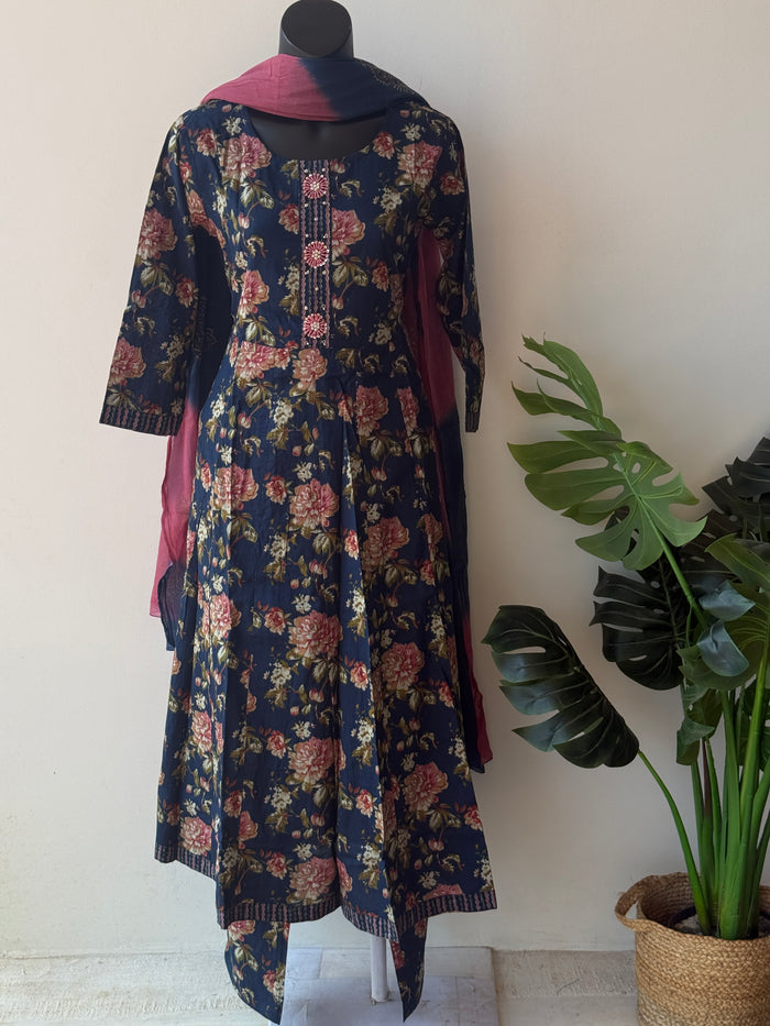 Navy Printed cotton anarkali set