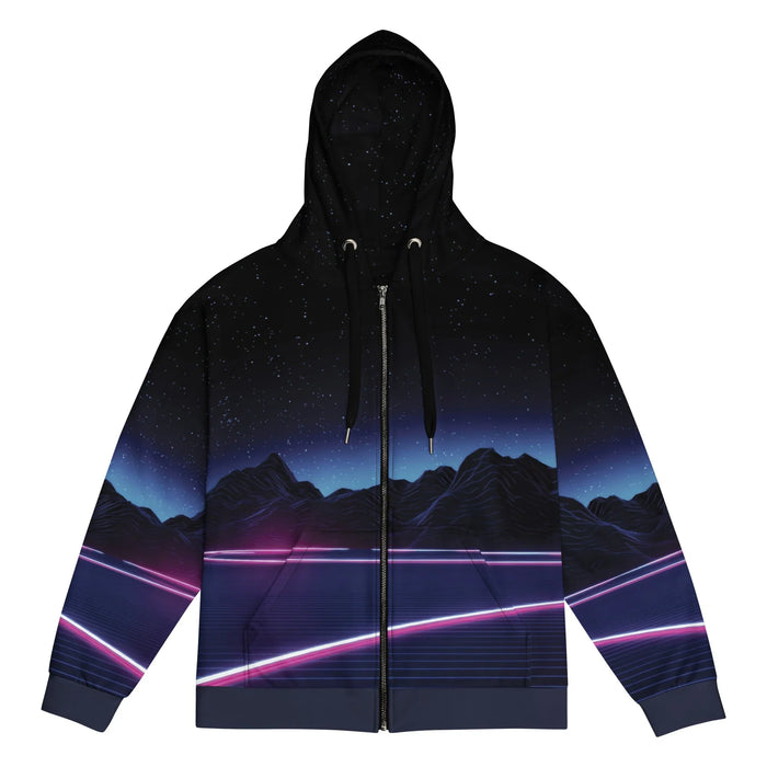 A retro-futuristic synthwave aesthetic anchors this design, featuring a deep obsidian night sky scattered with faint stars above jagged, low-poly mountains. Contact us with accessibility feedback, we'd love to help!