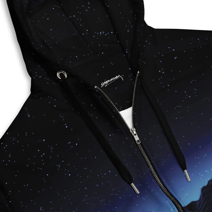 Neon Highway Zip Hoodie - The vanishing point perspective grid in deep violet intersected by motion-blurred #FF00FF magenta streaks and #00E5FF cyan horizon glow, instantly recalling the interface of a coin-op racing cabinet