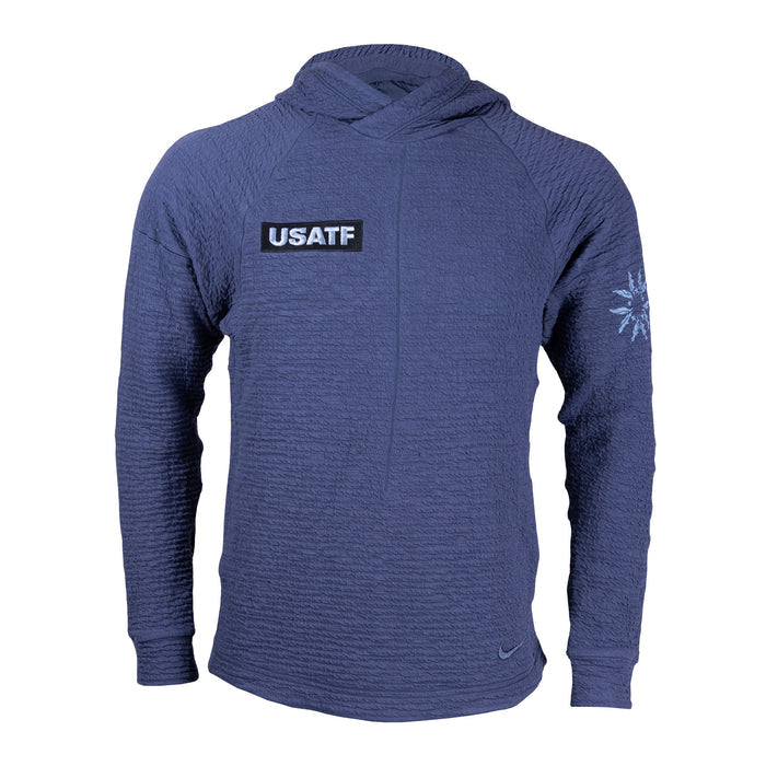 Nike USATF Men's Dri-FIT Pullover hoodie in blue color with a hood and long sleeves.