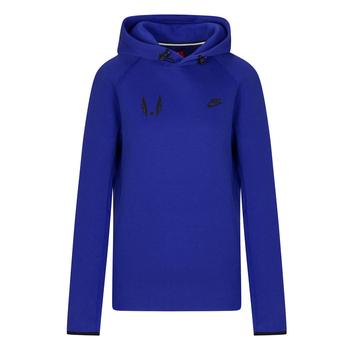 Blue hoodie with a brand logo on a white background
