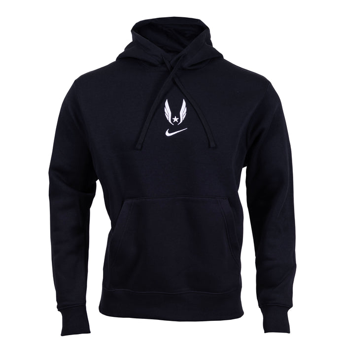 A black Nike USATF Sportswear Club Fleece Hoodie with the brand's logo on the front.