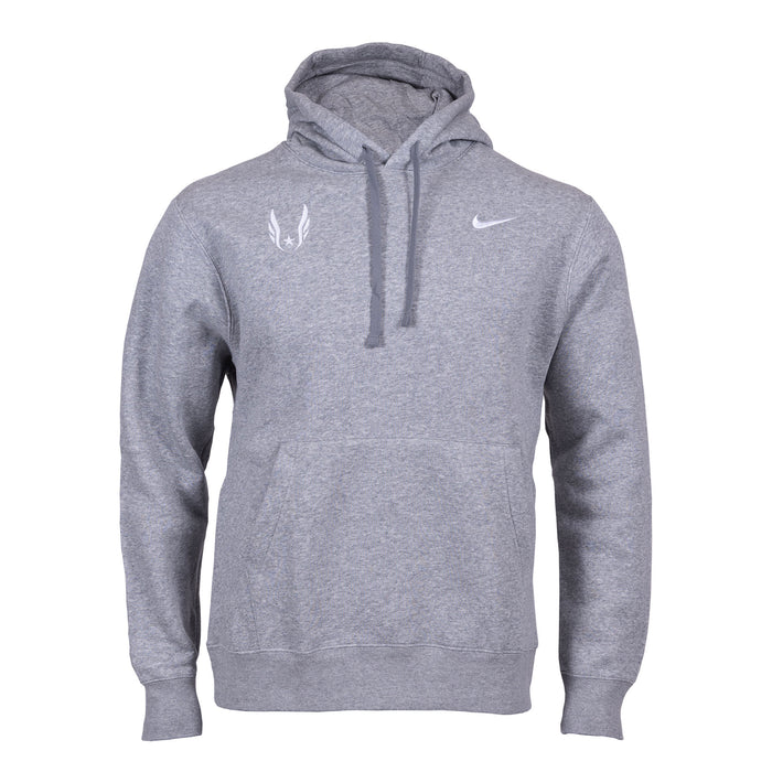 A gray Nike USATF Sportswear Club Fleece Hoodie with the brand's logos on the chest.