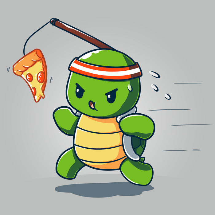 Premium Cotton T-shirt_TeeTurtle silver grey Ninja Training t-shirt featuring a turtle chasing after a pizza slice dangling from a stick strapped to their head.