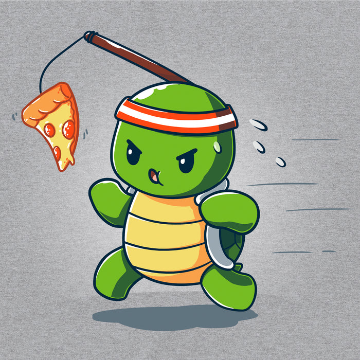 Classic Cotton T-shirt_TeeTurtle heather grey Ninja Training t-shirt featuring a turtle chasing after a pizza slice dangling from a stick strapped to their head.