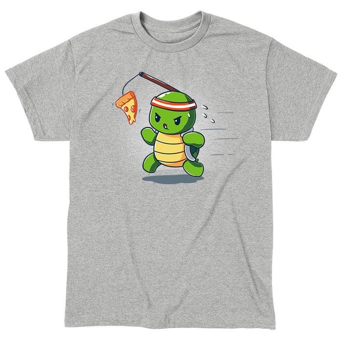 Classic Cotton T-shirt_TeeTurtle heather grey Ninja Training t-shirt featuring a turtle chasing after a pizza slice dangling from a stick strapped to their head.