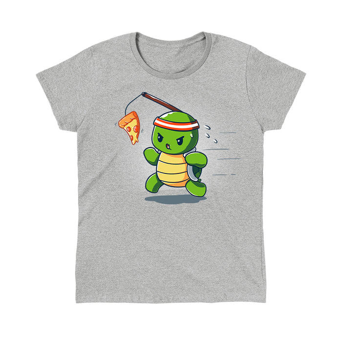 Classic Cotton T-shirt_TeeTurtle heather grey Ninja Training t-shirt featuring a turtle chasing after a pizza slice dangling from a stick strapped to their head.