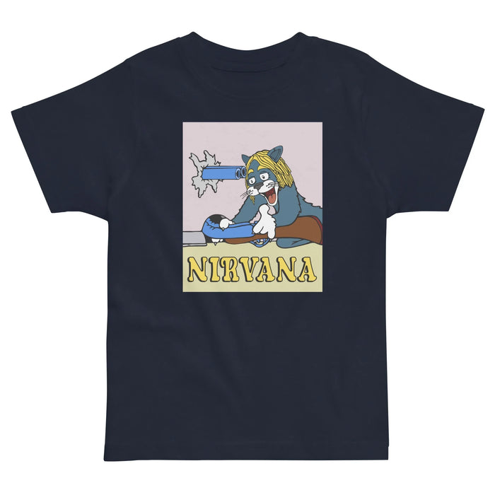 A midnight navy tee showcases a rectangular chest print on a muted lavender-pink background, featuring a grey tuxedo cat with shaggy golden straw yellow hair wielding a shotgun with slate blue barrels. Contact us with accessibility feedback, we'd love to help!