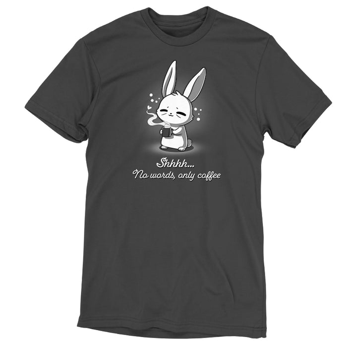 Premium Cotton T-shirt_TeeTurtle No Words Only Coffee Charcoal Gray t-shirt featuring a cartoon bunny with closed eyes holding a steaming coffee cup.