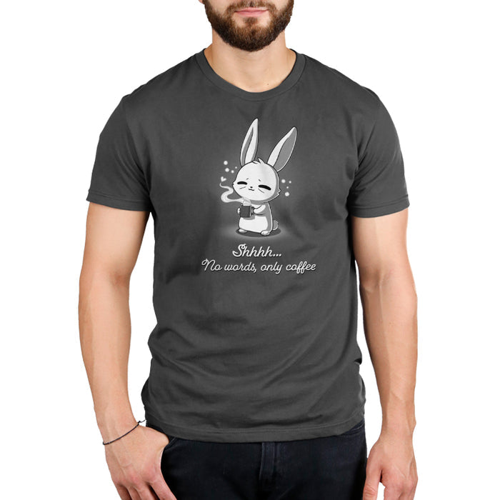Premium Cotton T-shirt_TeeTurtle No Words Only Coffee Charcoal Gray t-shirt featuring a cartoon bunny with closed eyes holding a steaming coffee cup.