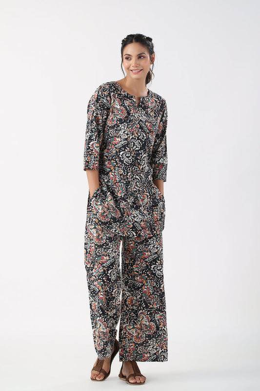 Noir Elegance Cotton Palazzo Loungewear Set