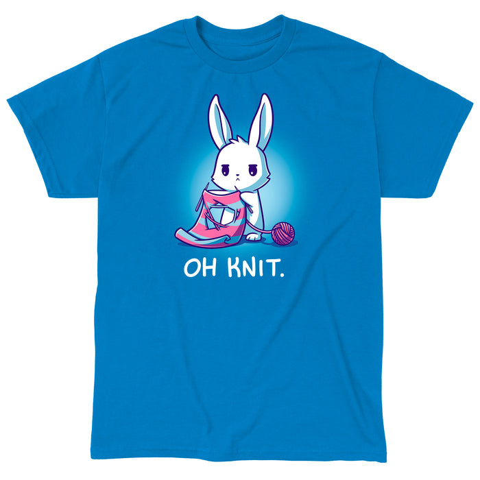 Classic Cotton T-shirt_Teeturtle sapphire blue Oh Knit apparel featuring a white rabbit looking distraught. It's holding two knitting needles attached to a blue and pink striped scarf that has a large hole in the middle. There is a ball of pink yarn trailing off to the side and text beneath it that says "Oh knit."