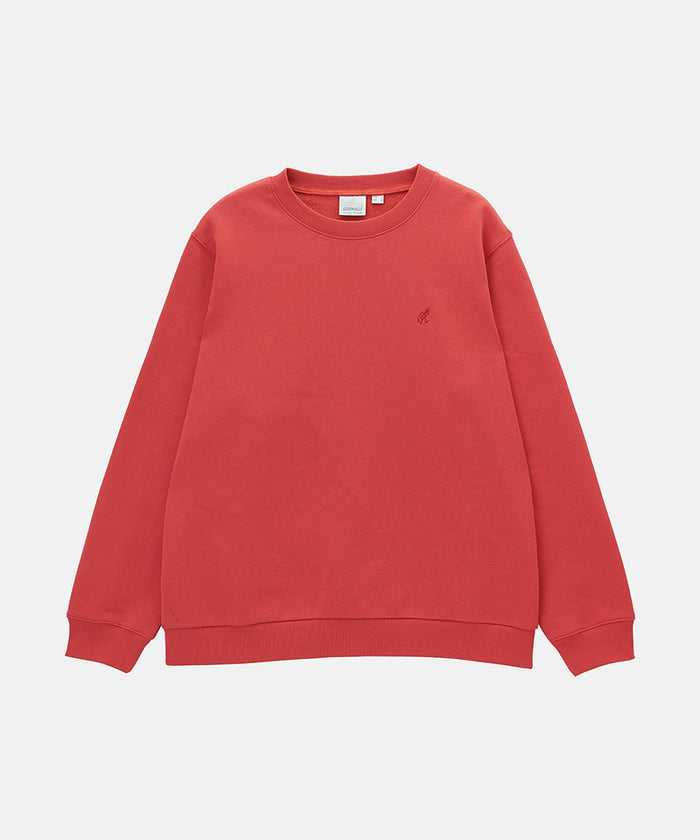 Gramicci crimson red One Point Crew Sweatshirt against a light-tone background.