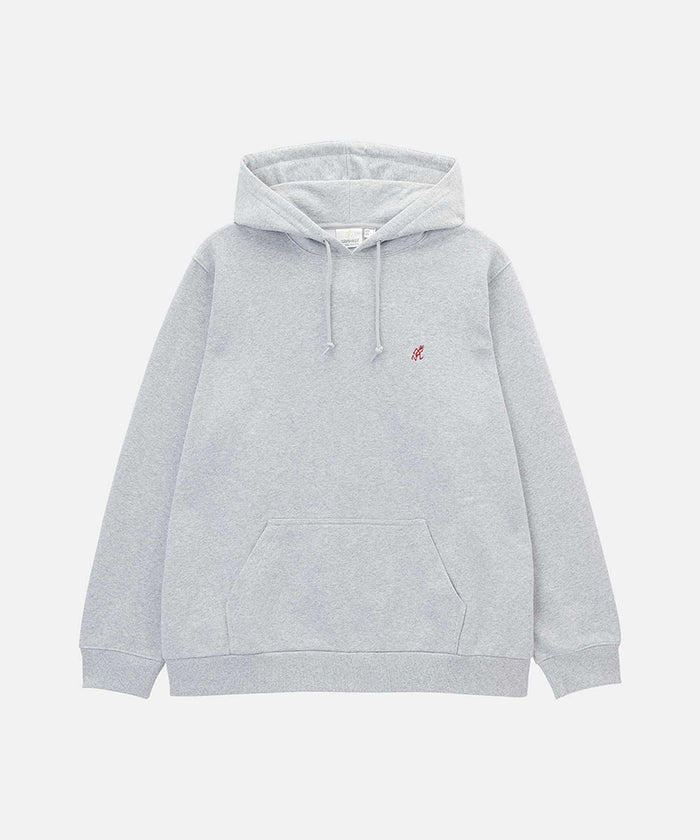 Gramicci heather grey One Point Hooded Sweatshirt against a light-tone background.