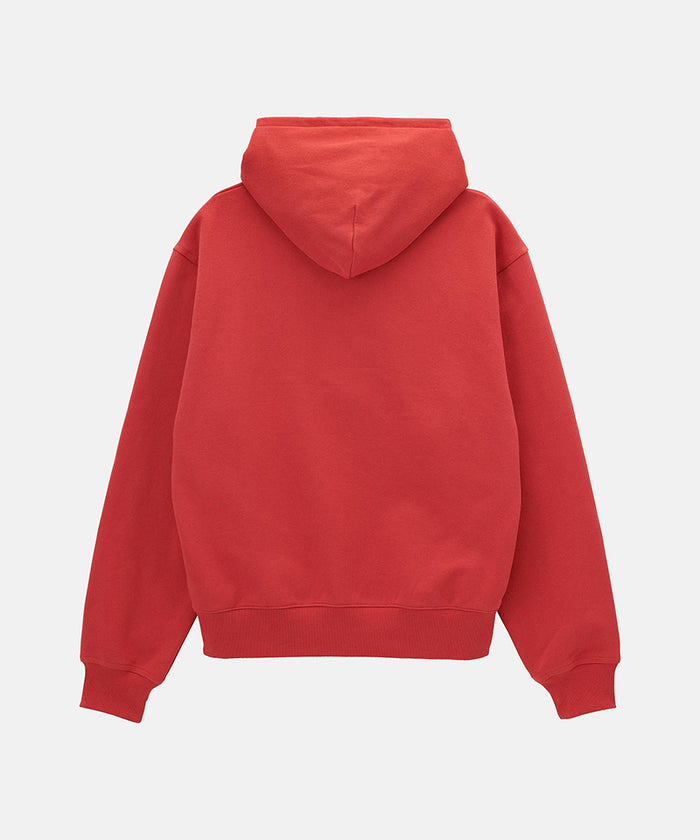 Back view of a Gramicci crimson red One Point Zip Hooded Sweatshirt against a light-tone background.