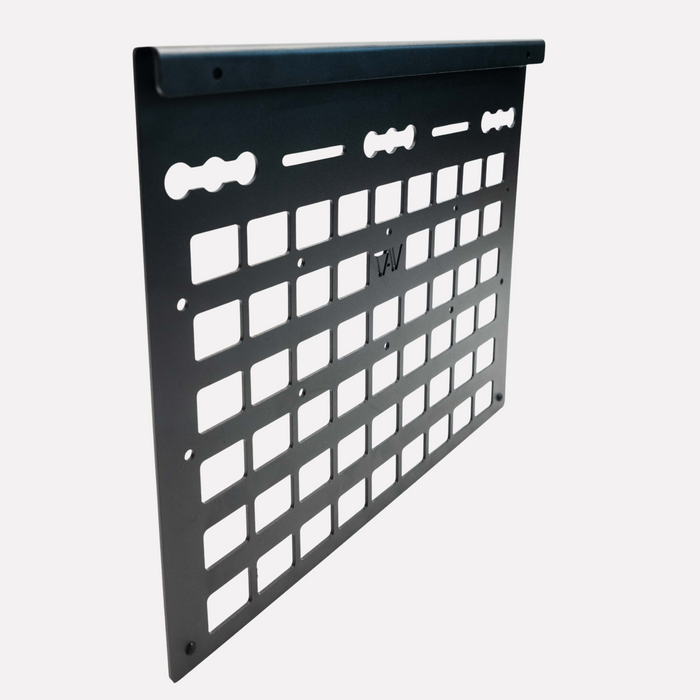 Owl Vans rear storage box molly panel with multiple mounting slots and black powder-coated finish