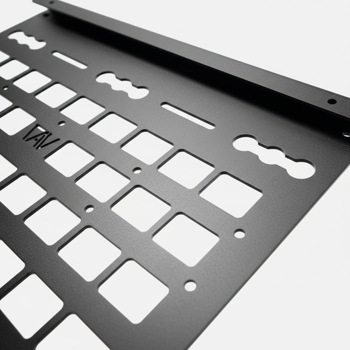 Close-up of Owl Vans rear storage box molly panel with cutout slots and matte black finish.