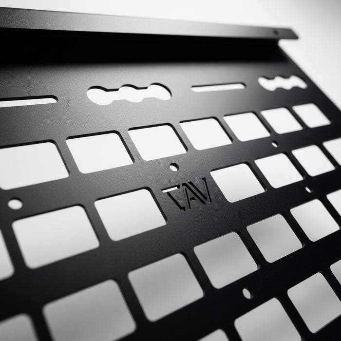 Close-up of Owl Vans rear storage box molly panel with cutout grid design