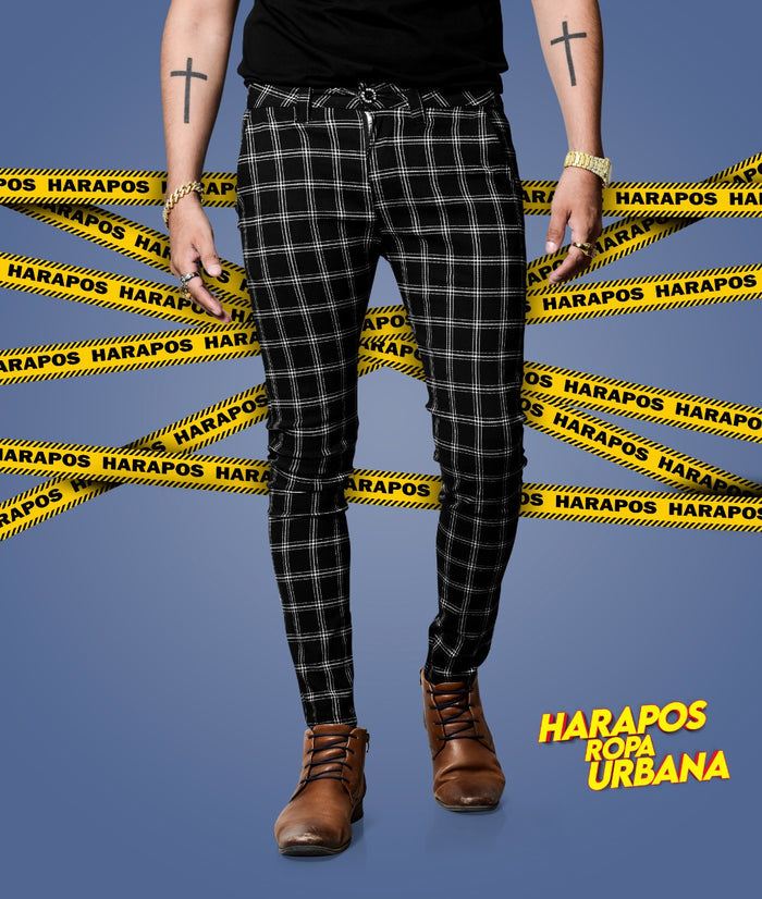 Pantalon Versace tela a cuadros negro