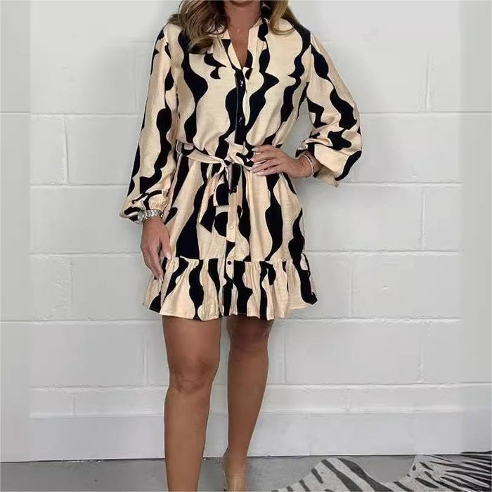Perlina - Robe Chemise à Rayures Irrégulières avec Col Revers et Ceinture à Nouer