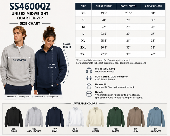 SS4600QZ Unisex Midweight Quarter-Zip size chart with measurements and available colors