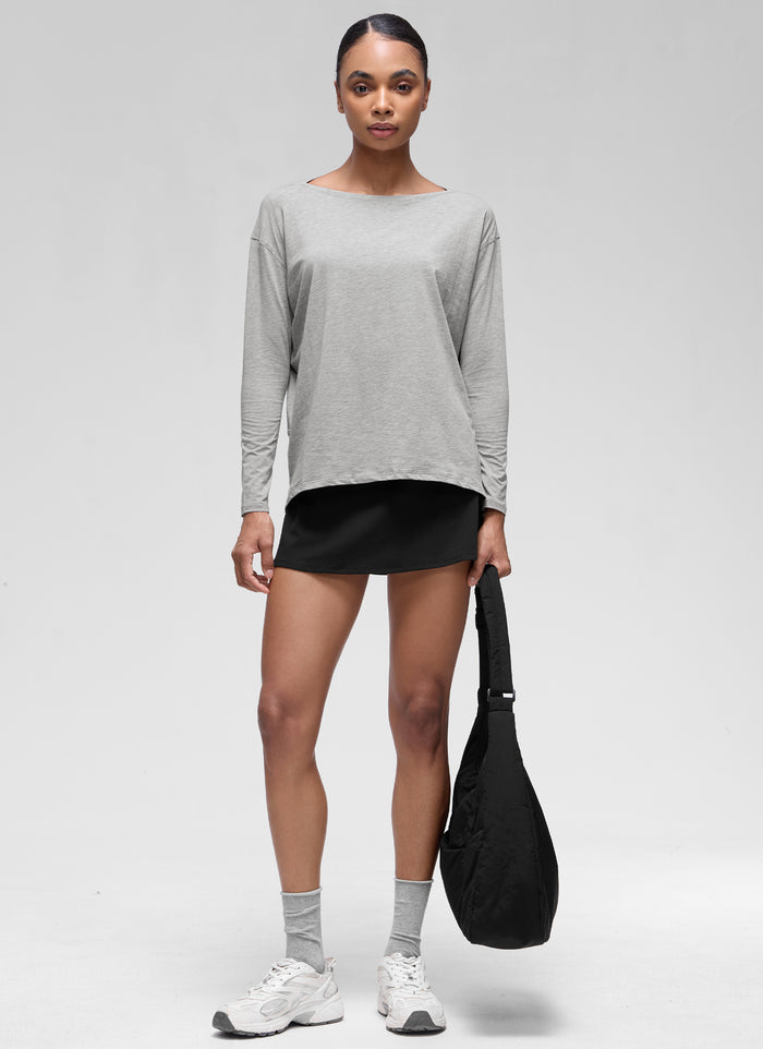 CRZ YOGA Women's Casual Loose Fit Pima Cotton Long Sleeves Boat Neck Heathered Medium Grey