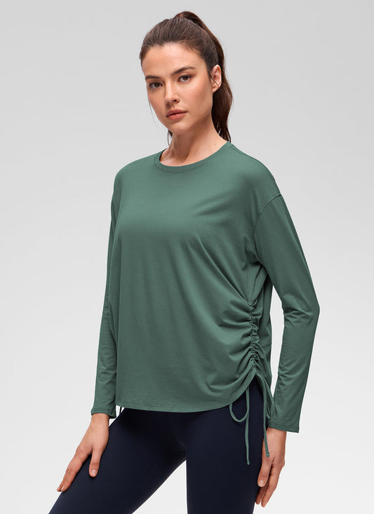 CRZ YOGA Women's Pima Cotton Casual Scoop Neck Ruched Long Sleeve Graphite Green