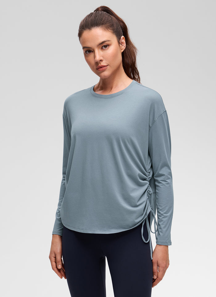 CRZ YOGA Women's Pima Cotton Casual Scoop Neck Ruched Long Sleeve Belgian Blue